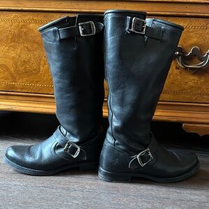 Frye Black Leather Riding Boots with Buckles